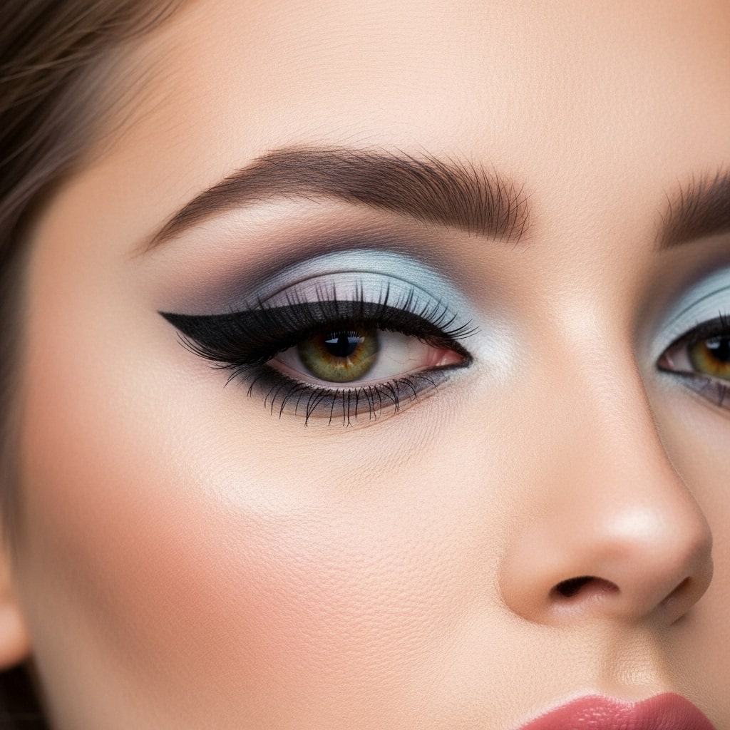 Close-up portrait of a model with 1960s makeup eyes, bold black winged eyeliner, thick false lashes, pastel blue eyeshadow, vintage beauty photography style