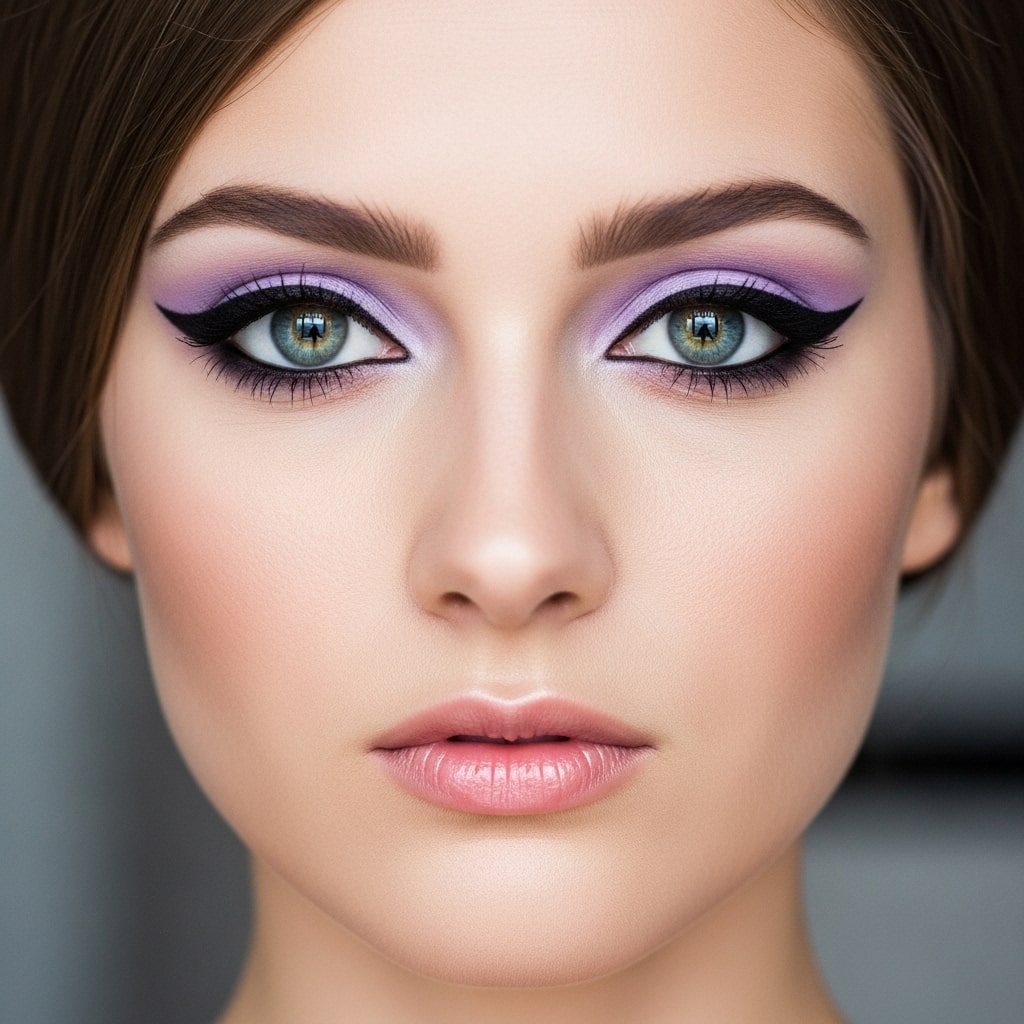 Studio close-up of 1960s makeup eyes, exaggerated crease line, matte eyeshadow, high contrast lighting