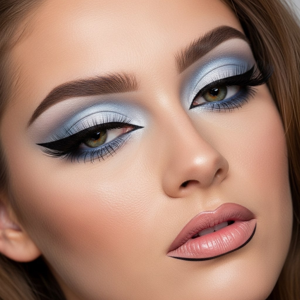 Studio close-up of 1960s makeup eyes, exaggerated crease line, matte eyeshadow, high contrast lighting