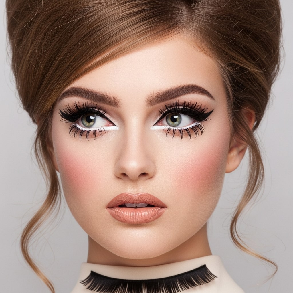 Vintage-inspired model with 1960s makeup eyes, thick lashes, white eyeliner, soft blush, neutral lips