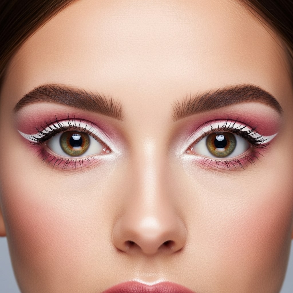 Retro-inspired beauty shot featuring 1960s makeup eyes, white eyeliner on the waterline, sharply defined crease, soft pink eyeshadow, studio lighting