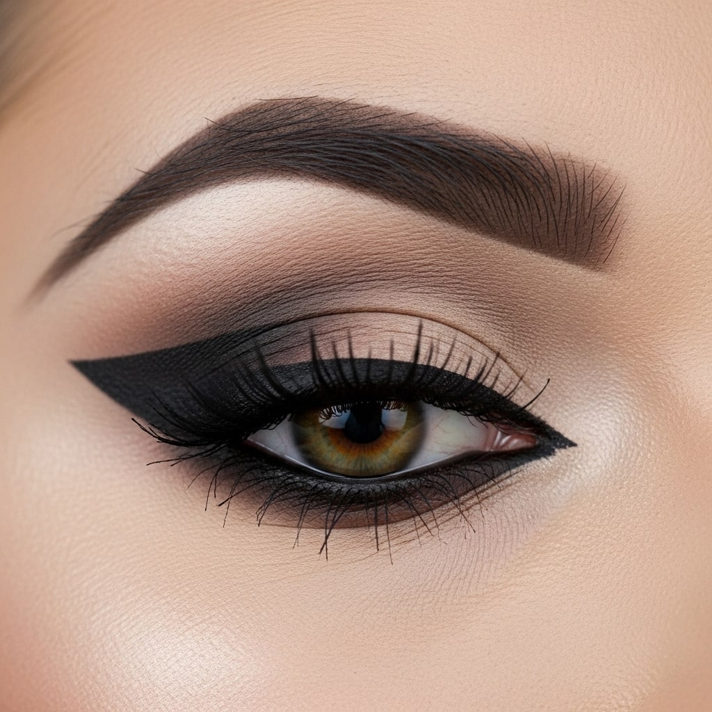 High-detail close-up of 1960s makeup eyes, cut crease technique, nude lid, strong eyeliner definition