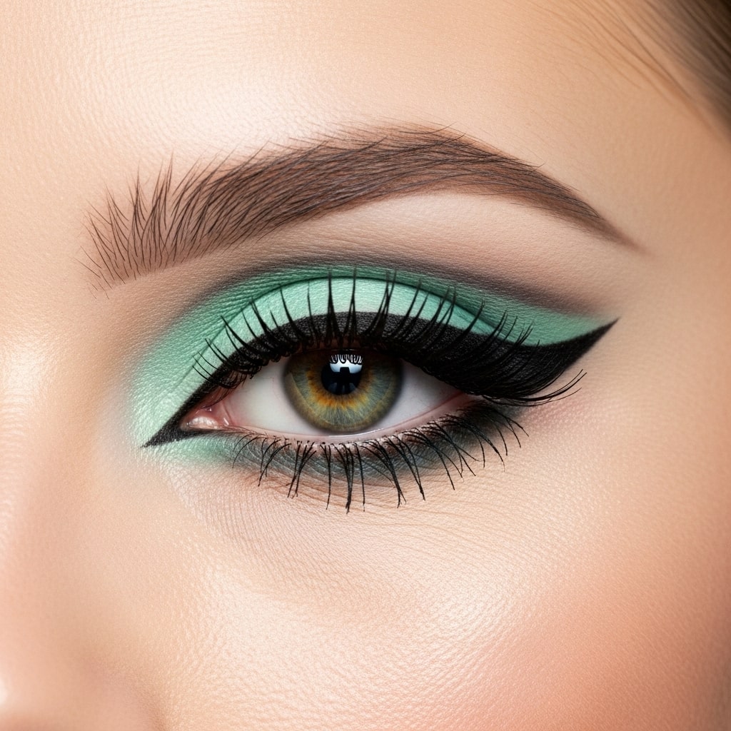 Close-up of 1960s makeup eyes with mint green eyeshadow, bold eyeliner flick, defined crease, editorial beauty style