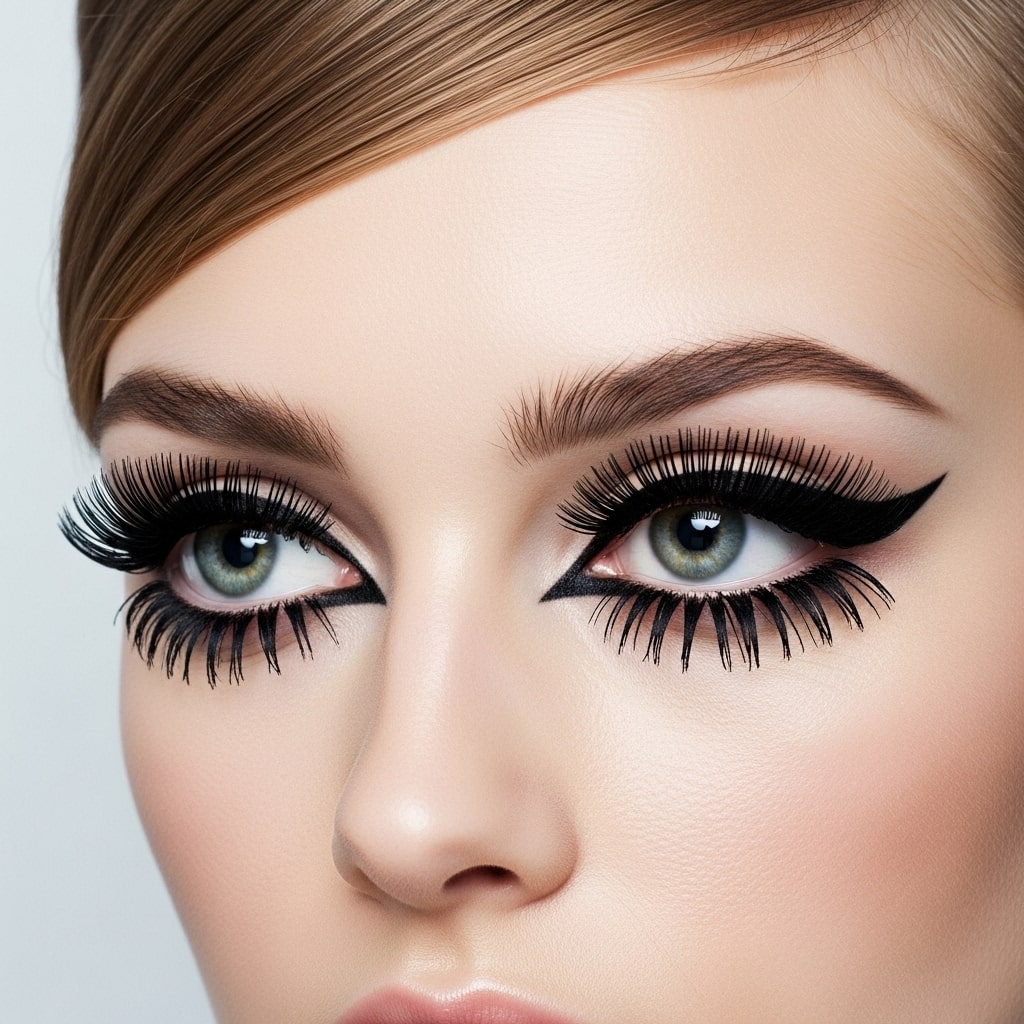 Retro fashion editorial image highlighting 1960s makeup eyes, thick mascara, clean graphic lines, minimal face makeup