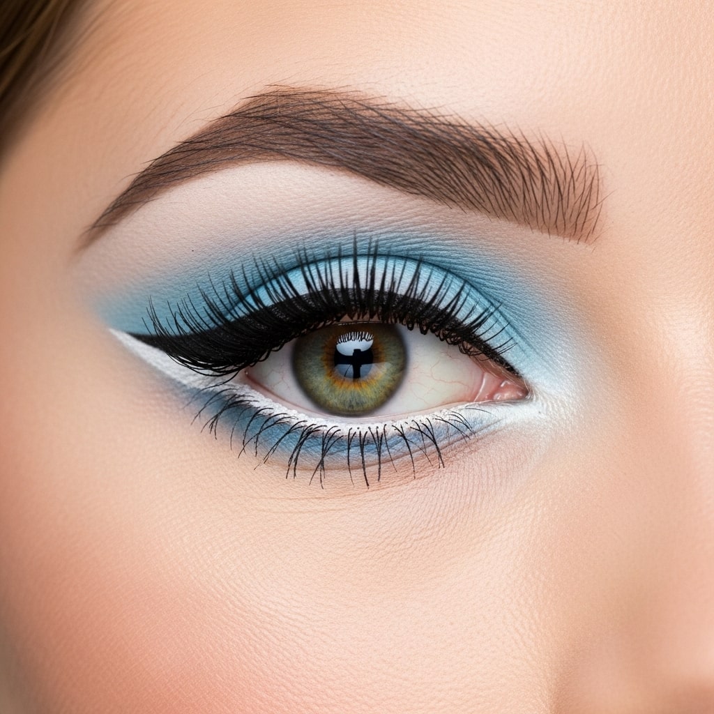 Soft pastel 1960s makeup eyes look, baby blue eyeshadow, white waterline pencil, wide-eyed effect, classic beauty lighting