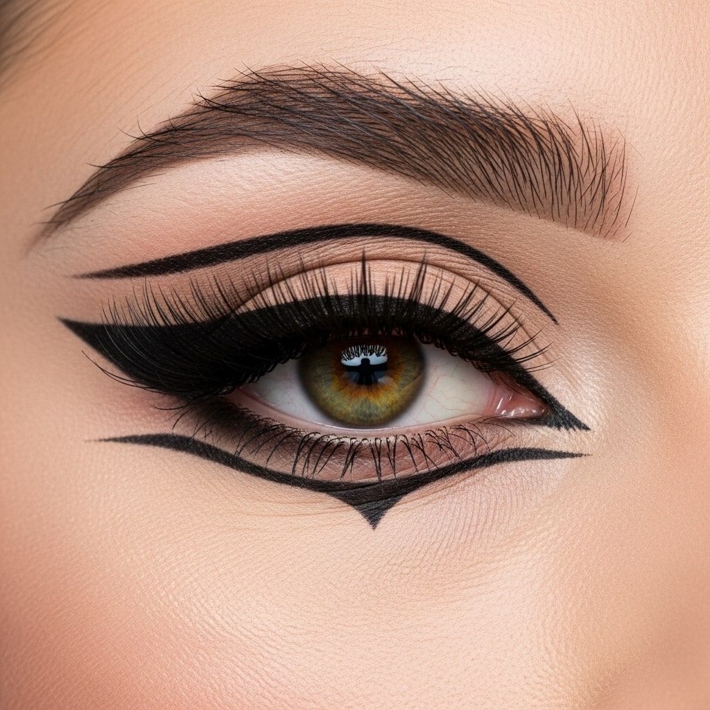 High-detail close-up of 1960s makeup eyes, cut crease technique, nude lid, strong eyeliner definition