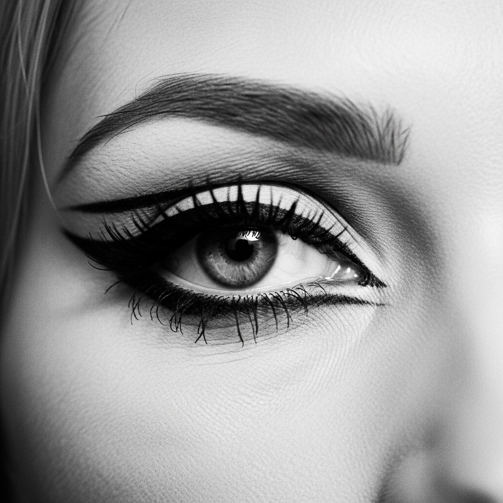Black-and-white vintage-style image of 1960s makeup eyes, bold eyeliner, dramatic lashes, cinematic lighting