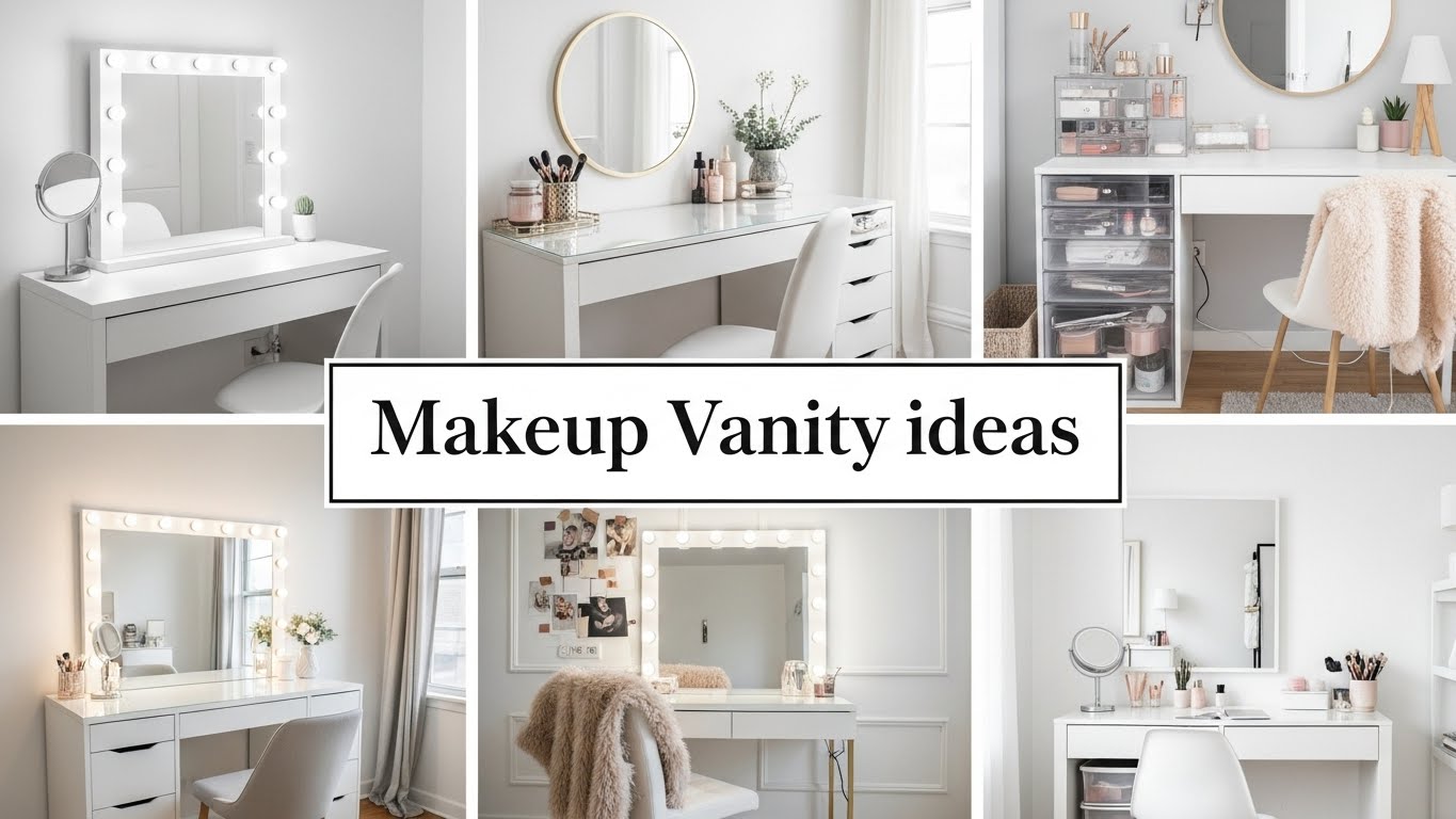 4–5 image collage featuring aesthetic and functional makeup vanity setups: minimalist white vanity with mirror lights, modern vanity with organized drawers and acrylic storage, cozy vanity with warm lighting and decorative accents, luxury glam vanity with Hollywood mirror, small-space vanity with smart storage solutions; clean beauty aesthetic, soft neutral color palette, bright natural and studio lighting mix, Pinterest-friendly vertical layout. Focus on organization, practicality, and visual beauty while keeping the space realistic, tidy, and inspiring. Keep the text centered and extra bold for mobile visibility.
