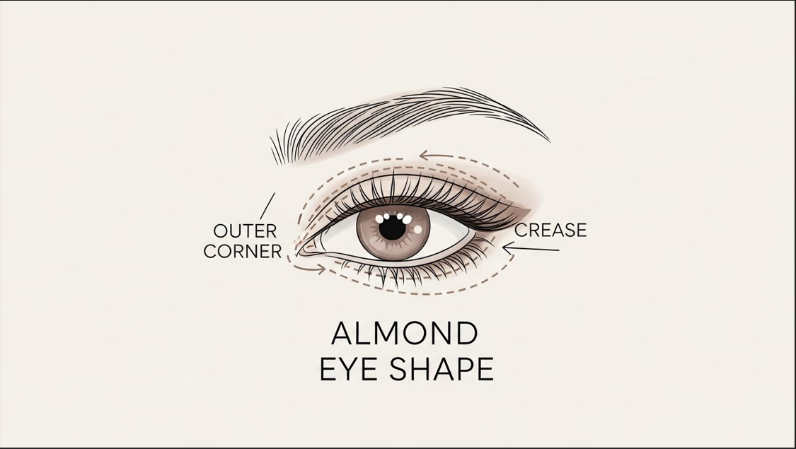Clean beauty illustration showing almond eye shape labeled clearly, neutral background, minimal makeup guide style, vertical Pinterest format.