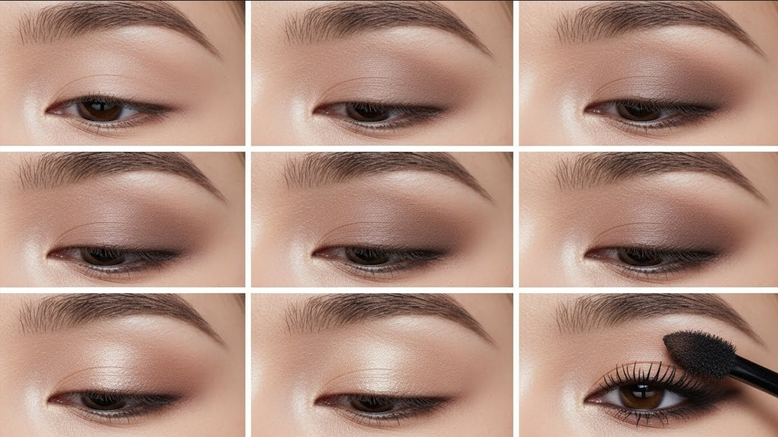Step-by-step eyeshadow placement on almond eyes, neutral tones, close-up makeup tutorial, professional lighting, vertical format.