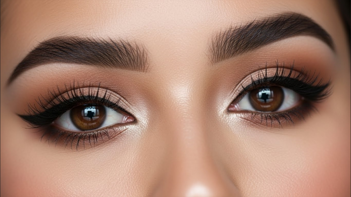 Almond eyes with thin winged eyeliner, clean beauty aesthetic, soft glam makeup look, vertical Pinterest image.