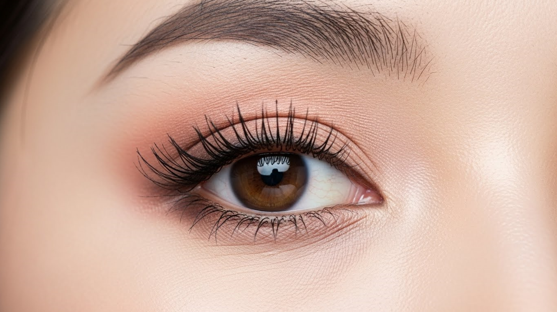 Close-up of almond eyes with natural wispy lashes and mascara, soft lighting, beauty tutorial style, vertical image.