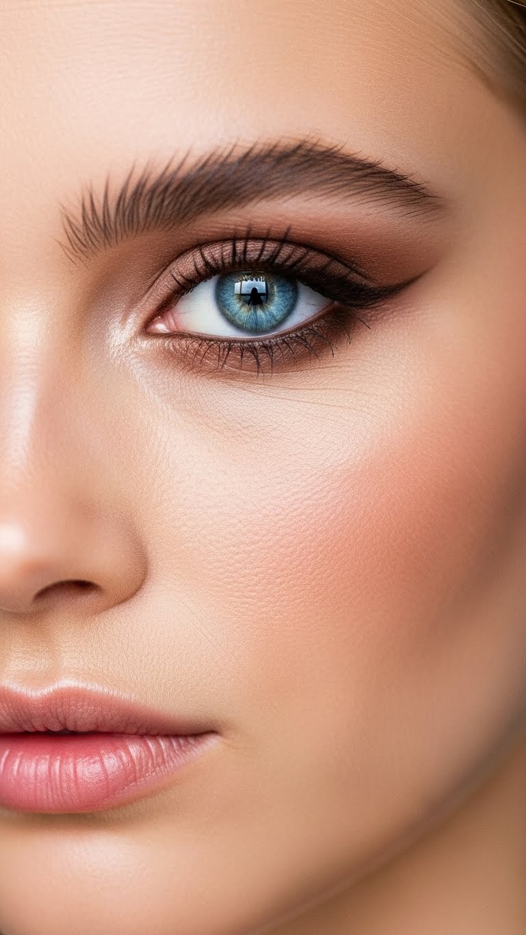 Brown eye makeup for blue eyes with golden inner-corner highlight, polished finish