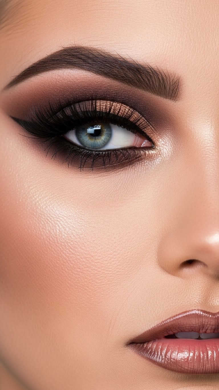 Soft glam brown eye makeup for blue eyes, bridal-inspired beauty look