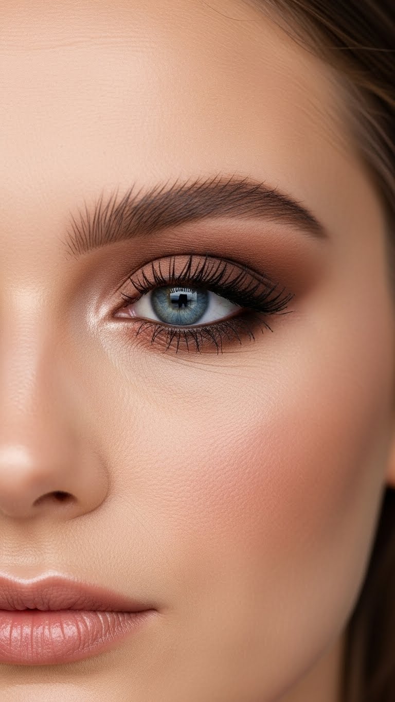 Warm-toned brown eye makeup for blue eyes, bronzed complexion, soft lighting