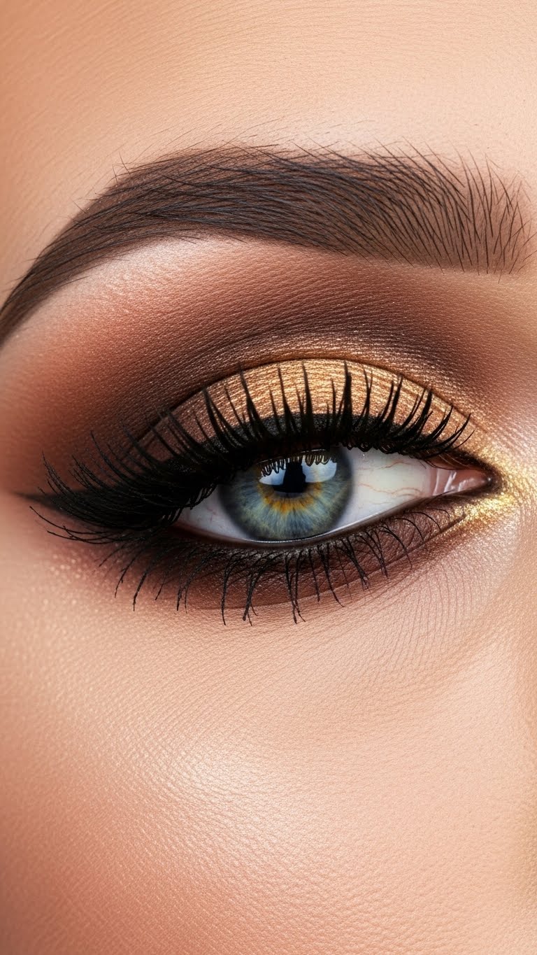 Warm-toned brown eye makeup for blue eyes, bronzed complexion, soft lighting