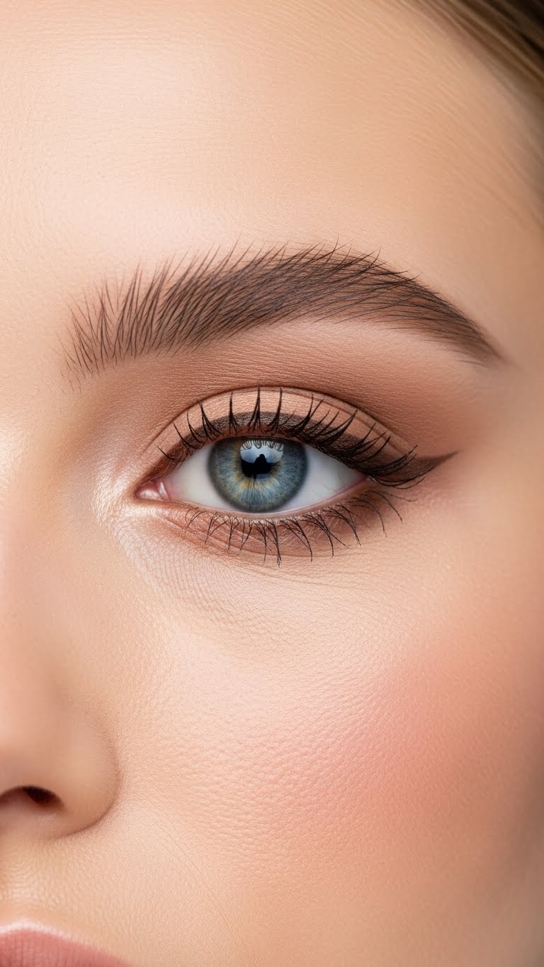 Brown eye makeup for blue eyes featuring matte and shimmer contrast, editorial beauty style