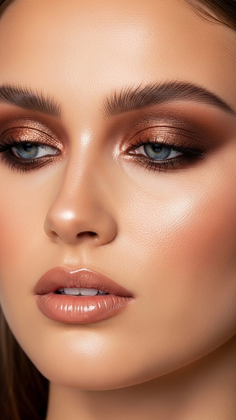 Bold brown eye makeup for blue eyes with false lashes, glam party makeup