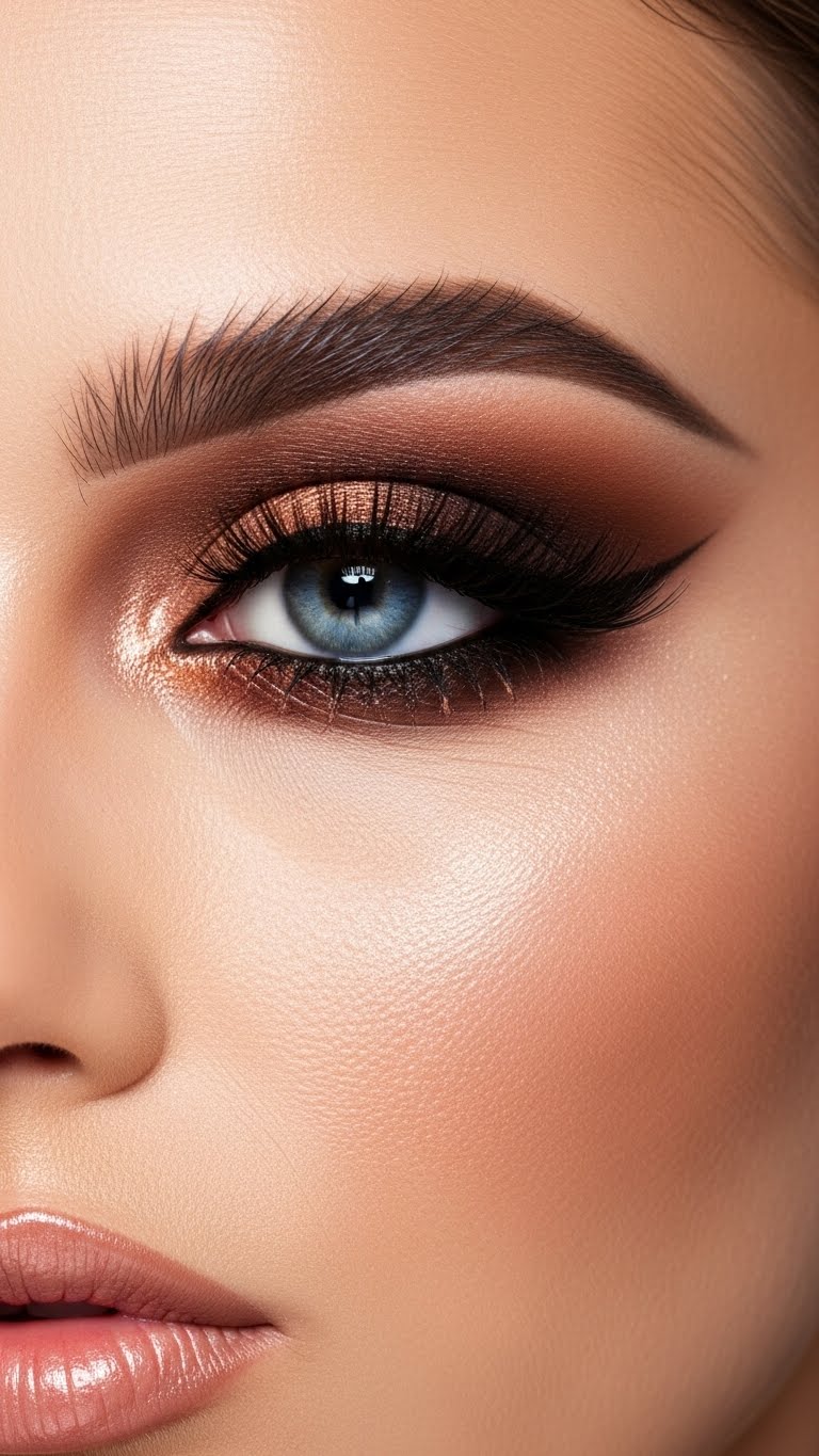 Brown eye makeup for blue eyes with copper shimmer, glowing skin, luxury beauty aesthetic