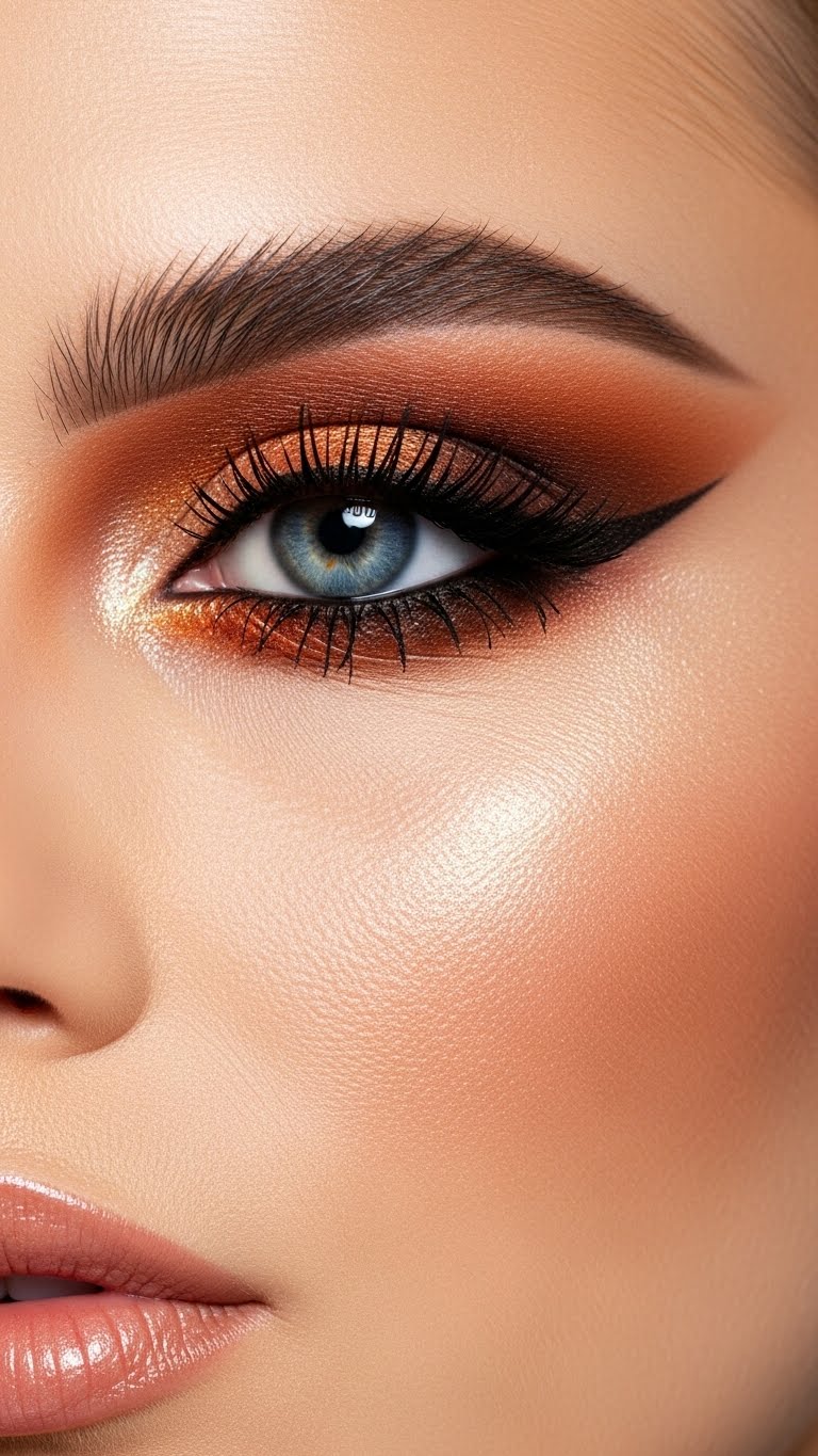 Smokey brown eye makeup for blue eyes with dark outer corners, sultry evening makeup