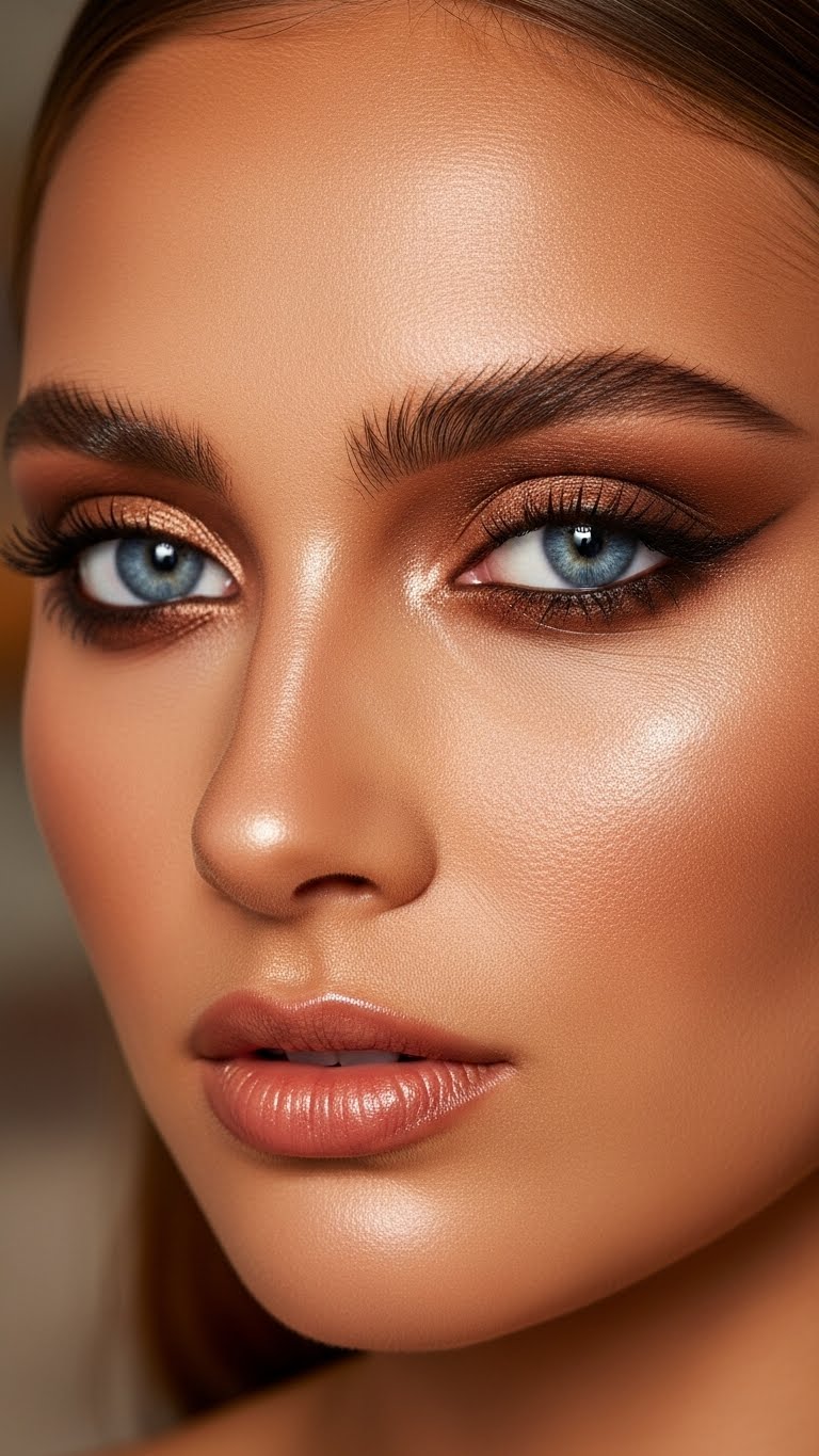 Brown eye makeup for blue eyes with copper shimmer, glowing skin, luxury beauty aesthetic