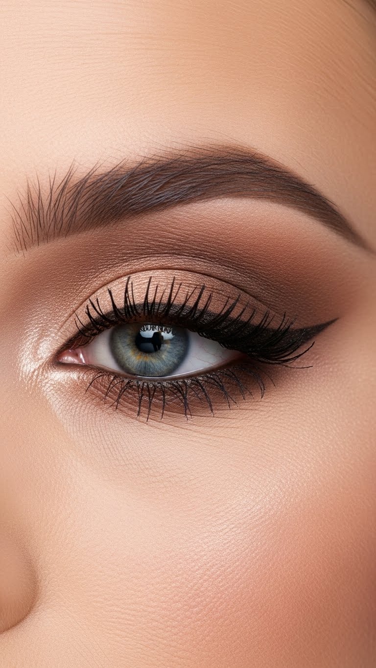 Smokey brown eye makeup for blue eyes with dark outer corners, sultry evening makeup