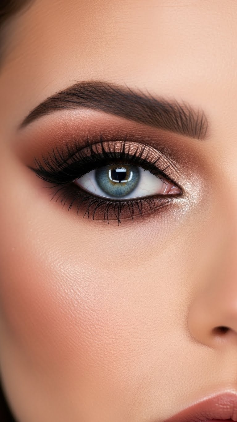 Minimal brown eye makeup for blue eyes, nude tones, clean brows, soft feminine aesthetic