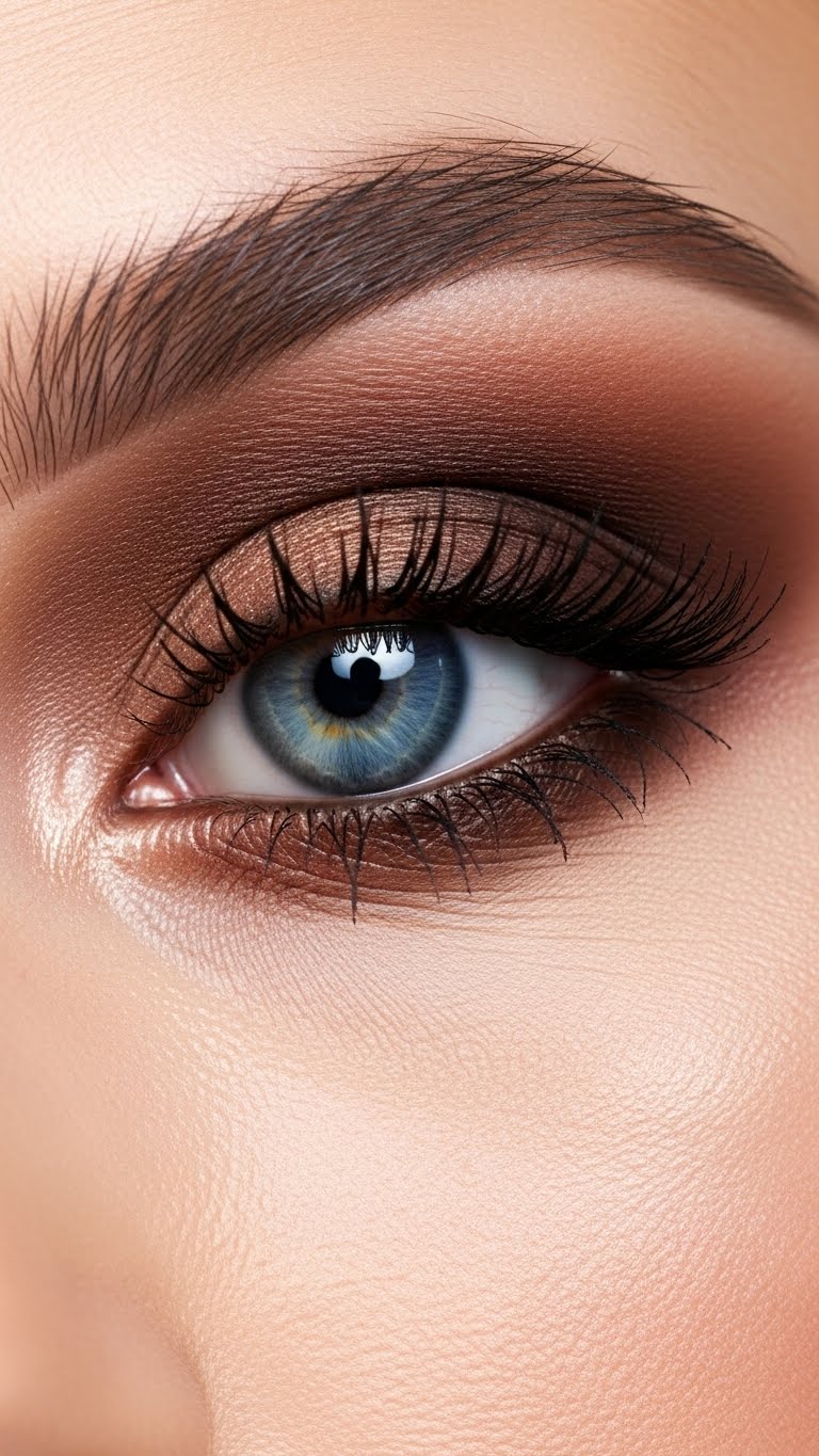 Natural brown eye makeup for blue eyes, matte brown shades, fresh skin, daytime makeup style