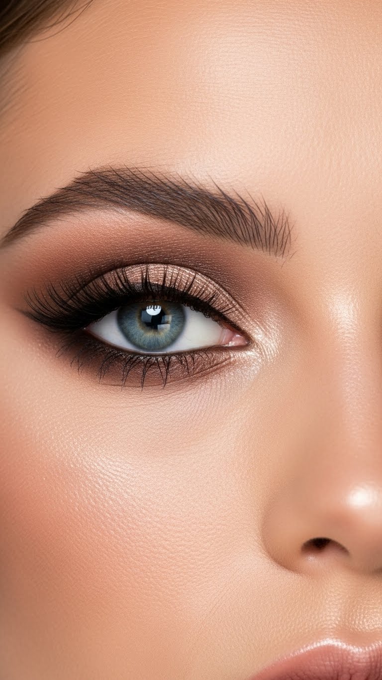 Glam brown smokey eye makeup for blue eyes, deep chocolate shades, dramatic lashes, evening beauty look