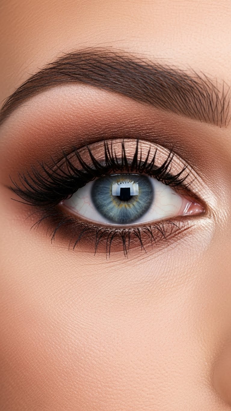 Close-up eye shot showing brown eyeshadow blending on blue eyes, professional makeup finish