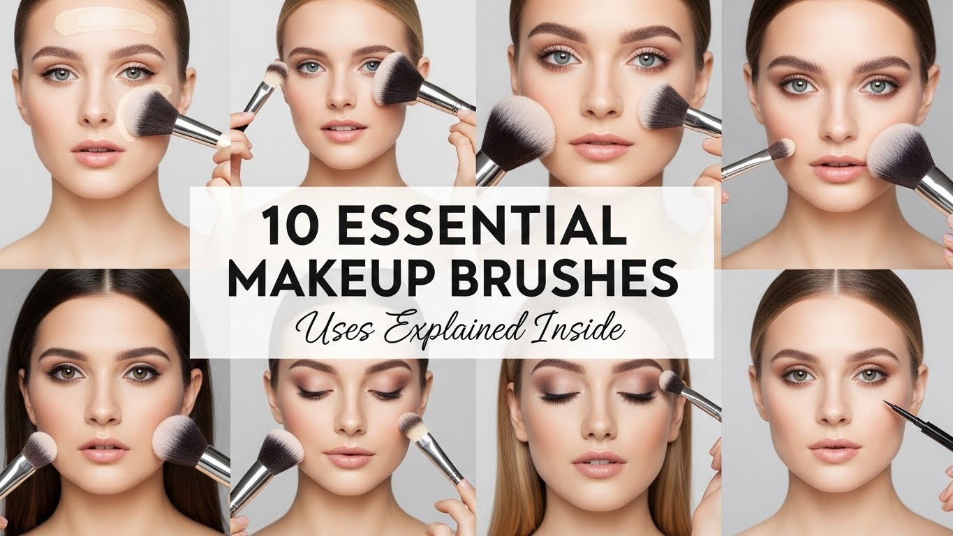 Full-body attractive woman standing at a vanity, holding a complete set of makeup brushes, soft studio lighting, clean beauty aesthetic, modern dressing table