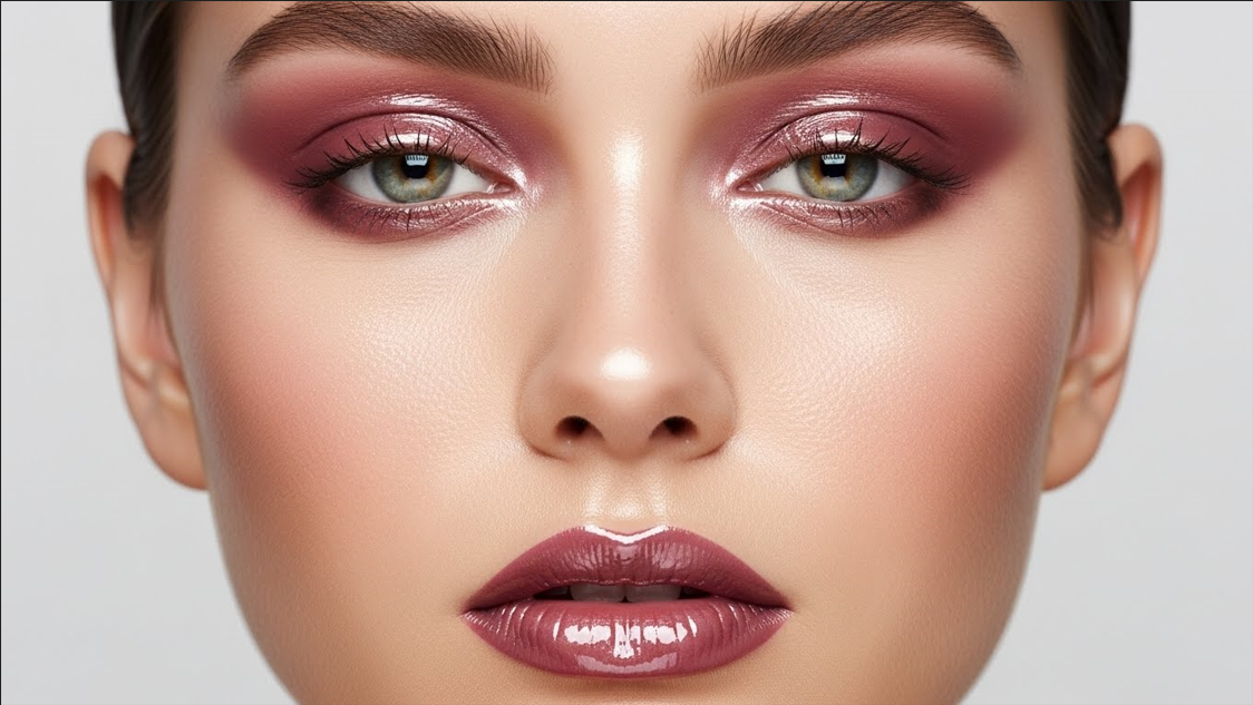 13. Glossy Mauve Wet-Lid Makeup
