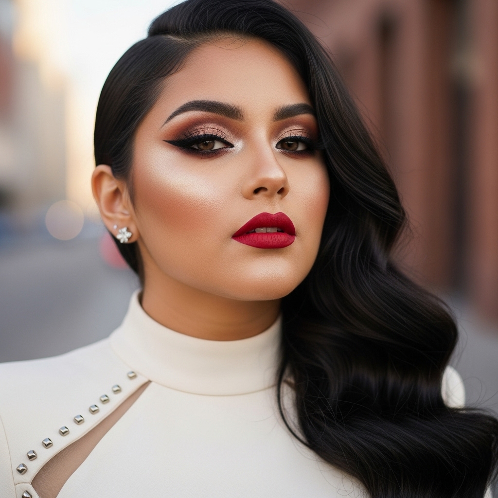 Latina woman, sensual yet refined, half-body composition, flawless Latin makeup, body-hugging dress, luxury fashion mood