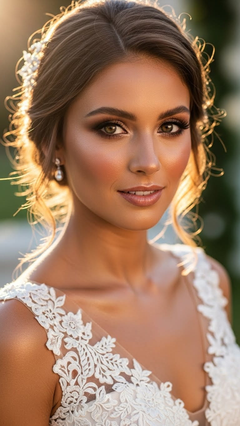 Half-body hot & elegant bride, bronze makeup wedding look, glowing cheeks, bronze shimmer eyes, nude pink lips, romantic bun hairstyle, designer US wedding dress, cinematic lighting