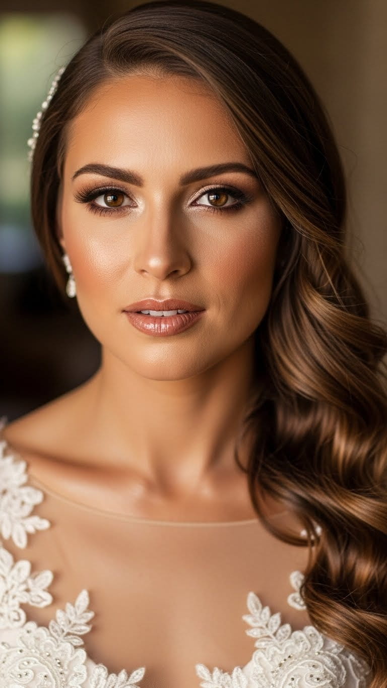 Half-body bridal close-up with best natural bronze makeup, flawless skin, warm-toned eyes, soft nude lips, side-part curls hairstyle, luxury US bridal outfit, professional photography