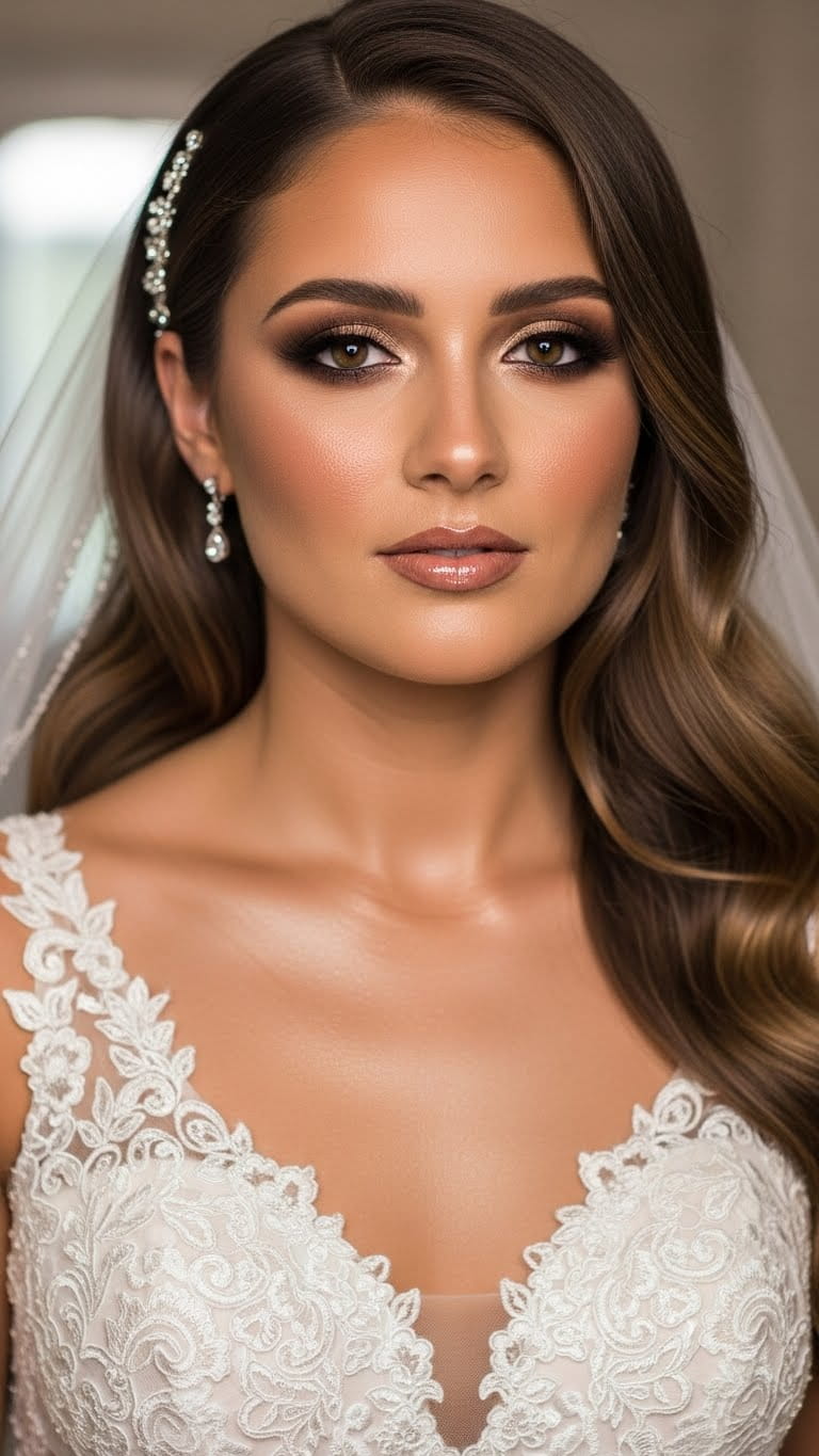Half-body bride wearing ivory US wedding gown, bronze bridal makeup look, bronzed highlight, brown smokey eyes, glossy nude lips, elegant open hair hairstyle, Pinterest bridal aesthetic
