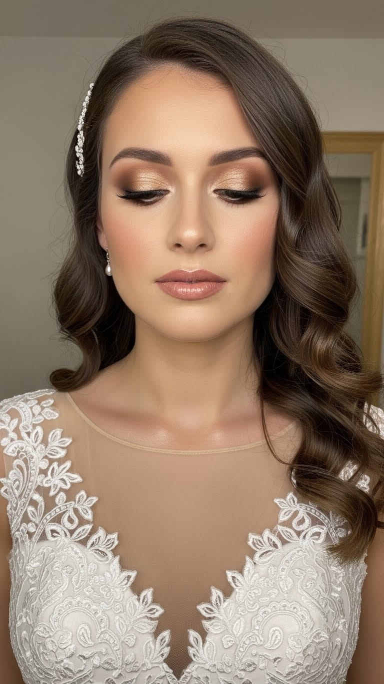 Half-body bridal portrait featuring soft bronze wedding makeup, radiant glow, golden brown eyeshadow, peach nude lips, loose romantic curls hairstyle, modern US bridal dress, high resolution