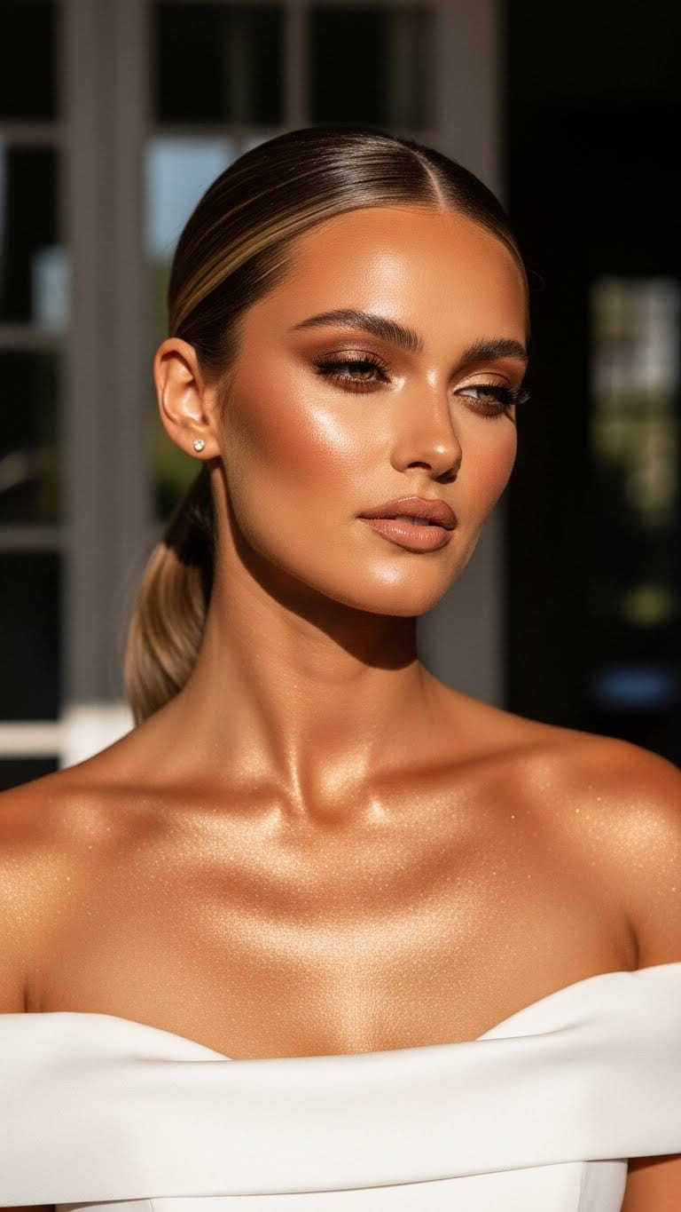 Half-body glamorous bride with bronze makeup wedding glam, glowing bronzer, warm eyes, nude lips, sleek low ponytail hairstyle, minimalist US wedding gown, editorial bridal shoot