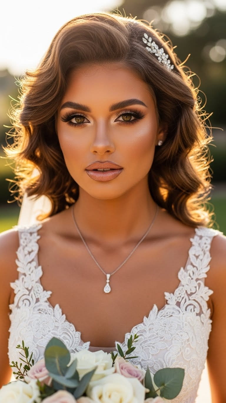 Half-body stunning bride showcasing best and natural bronze wedding makeup, sun-kissed bronzey skin, subtle shimmer eyes, nude glossy lips, voluminous curls hairstyle, luxury US bridal dress, ultra-realistic photography