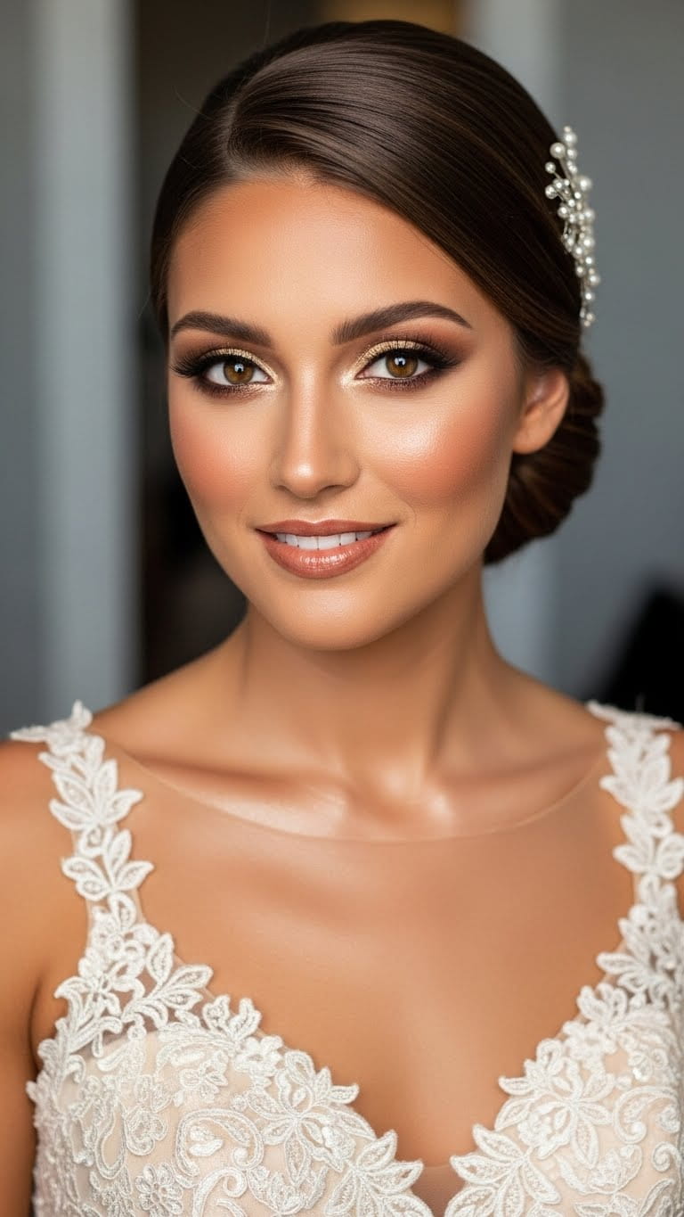Half-body hot bridal model wearing champagne US wedding dress, bronze glam makeup, bronzed cheeks, golden eyeshadow, soft contour, sleek low bun hairstyle, classy bridal look, Pinterest aesthetic, professional lighting