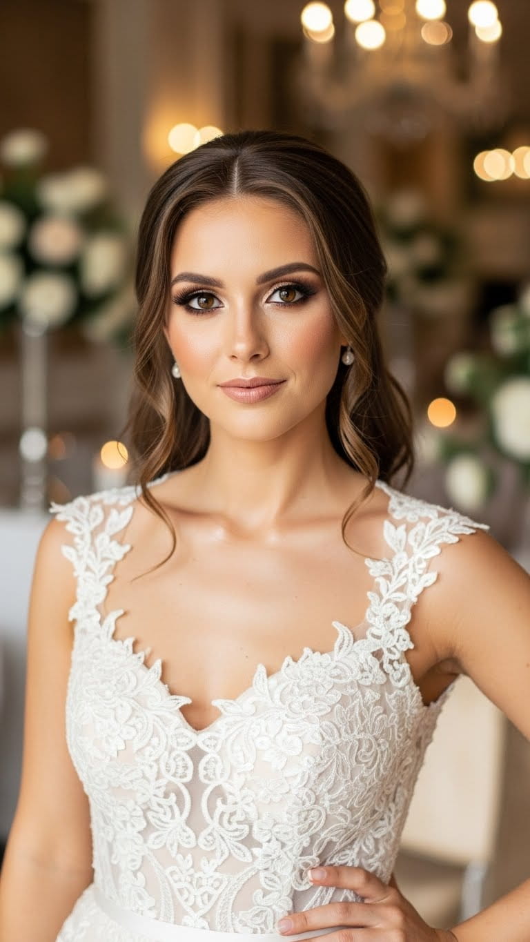 Elegant half-body bride with natural bronze bridal makeup, radiant skin, warm bronze eyes, soft nude lips, middle-part soft curls, modern US bridal dress, luxury wedding photoshoot, high resolution