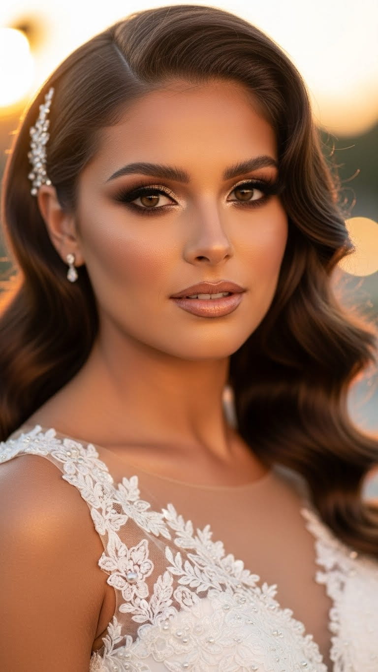 Half-body beautiful bride with bronzey glow makeup, sun-kissed bronze complexion, brown smokey eyes, glossy nude lips, voluminous waves hairstyle, US luxury wedding gown, cinematic bridal photography