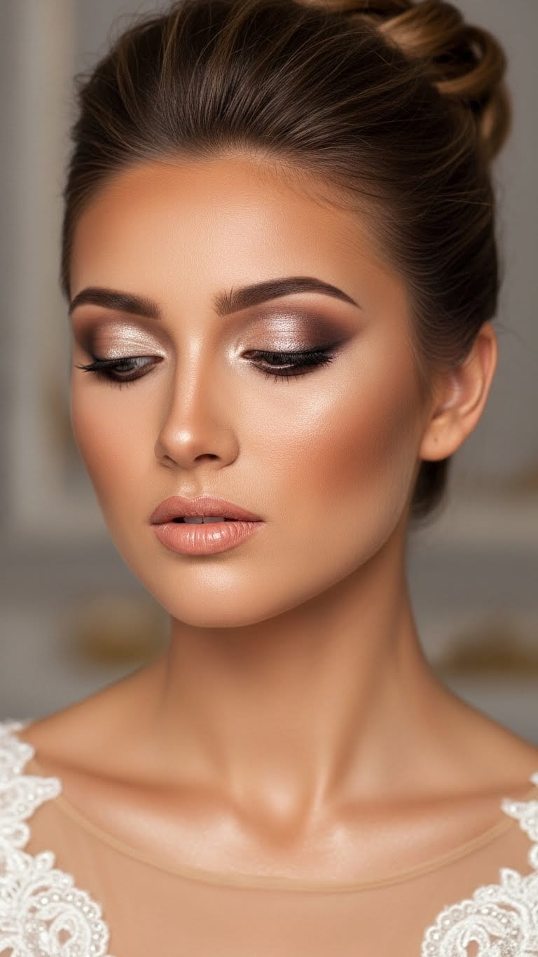 Half-body bridal portrait featuring best bronze wedding makeup look, subtle shimmer eyeshadow, bronzed contour, peachy nude lips, classy updo hairstyle, designer US bridal dress, elegant background