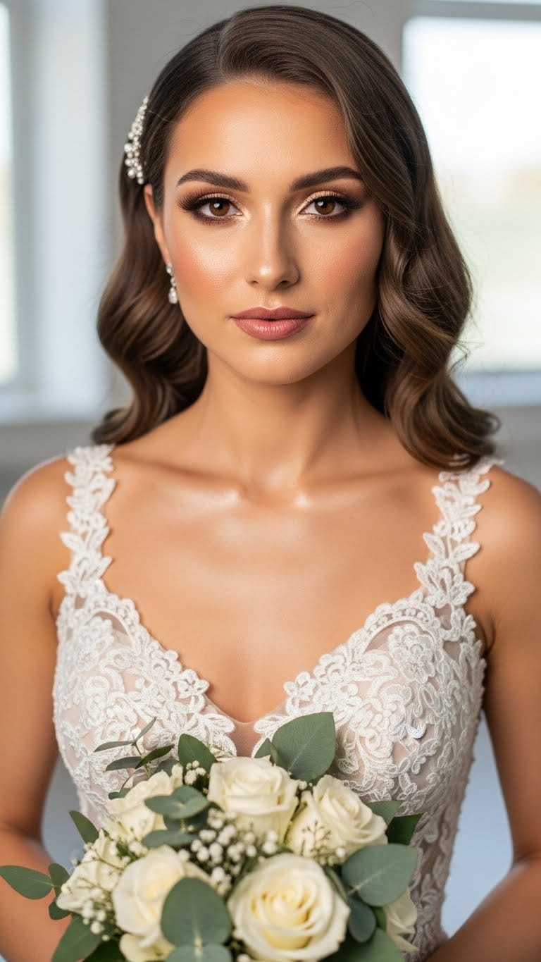 Hot half-body bride wearing modern US wedding dress, natural bronze makeup, soft golden highlight, warm brown eyes, fluffy lashes, romantic loose curls hairstyle, premium bridal photoshoot