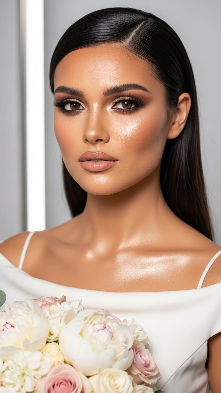 Half-body glamorous bride with bronze glam bridal makeup, glowing skin, bronze smokey eyes, nude matte lips, sleek straight hairstyle, minimalist US bridal gown, studio lighting, Pinterest-ready