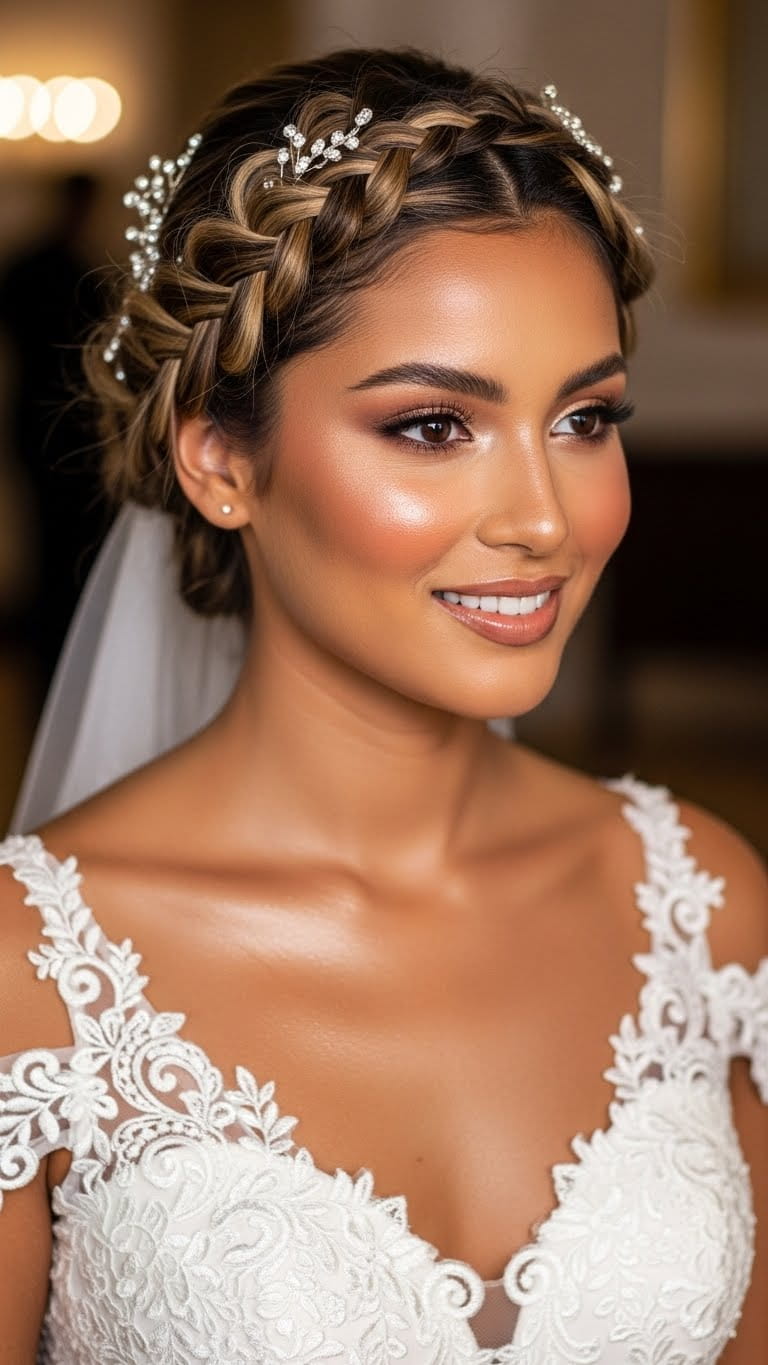 Half-body bride with natural bronzey bridal look, sun-kissed glow, golden eyeshadow, subtle contour, soft waves hairstyle, US-inspired wedding gown, high-fashion bridal shoot