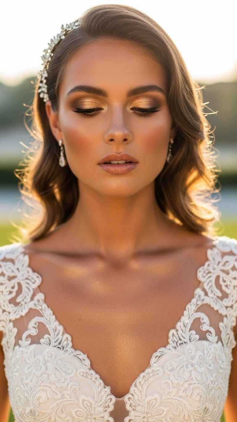 Half-body hot & elegant bride, bronze makeup wedding look, glowing cheeks, bronze shimmer eyes, nude pink lips, romantic bun hairstyle, designer US wedding dress, cinematic lighting