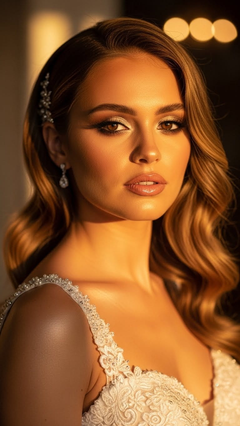 Half-body stunning bride with natural bronze wedding makeup, glowing bronzey skin, soft brown smokey eyes, nude glossy lips, elegant loose waves hairstyle, luxury US bridal gown, warm golden lighting, high-end bridal photoshoot, ultra-realistic
