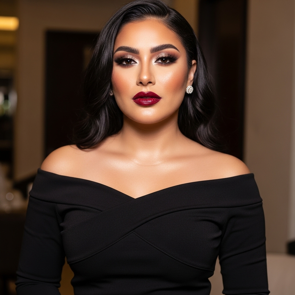 Half-body Latina woman, confident and hot, wearing a fitted elegant dress, full Latin glam makeup, sculpted contour, glowing skin, bold brows, modern beauty lighting, realistic woman