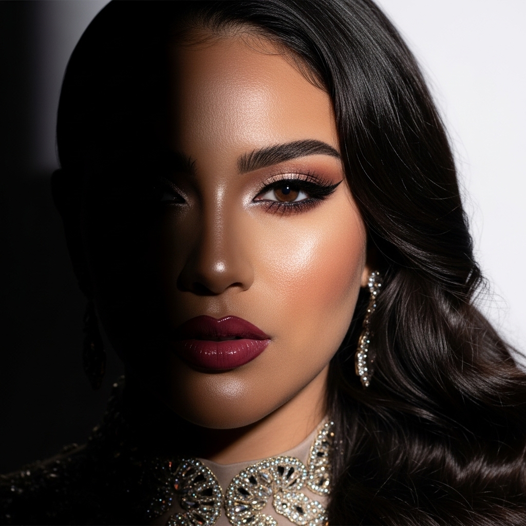 Half-body Latina model, rich caramel skin, bold red lips, sculpted cheekbones, sleek hairstyle, elegant dress, luxury beauty aesthetic